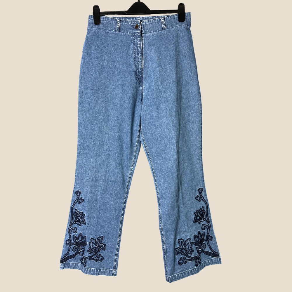 Womens Medium Wash Denim Embroidered Floral Jeans Sz 16 Flared Festival Concert